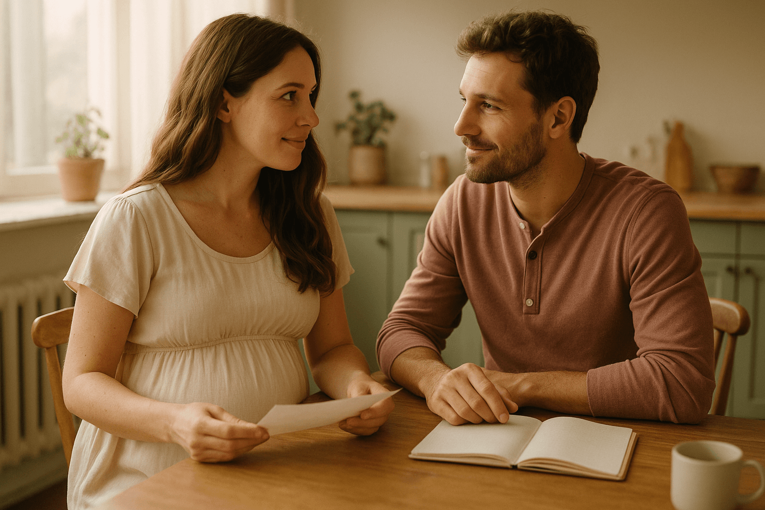 An expectant mother and her partner reviewing their birth plan together at home