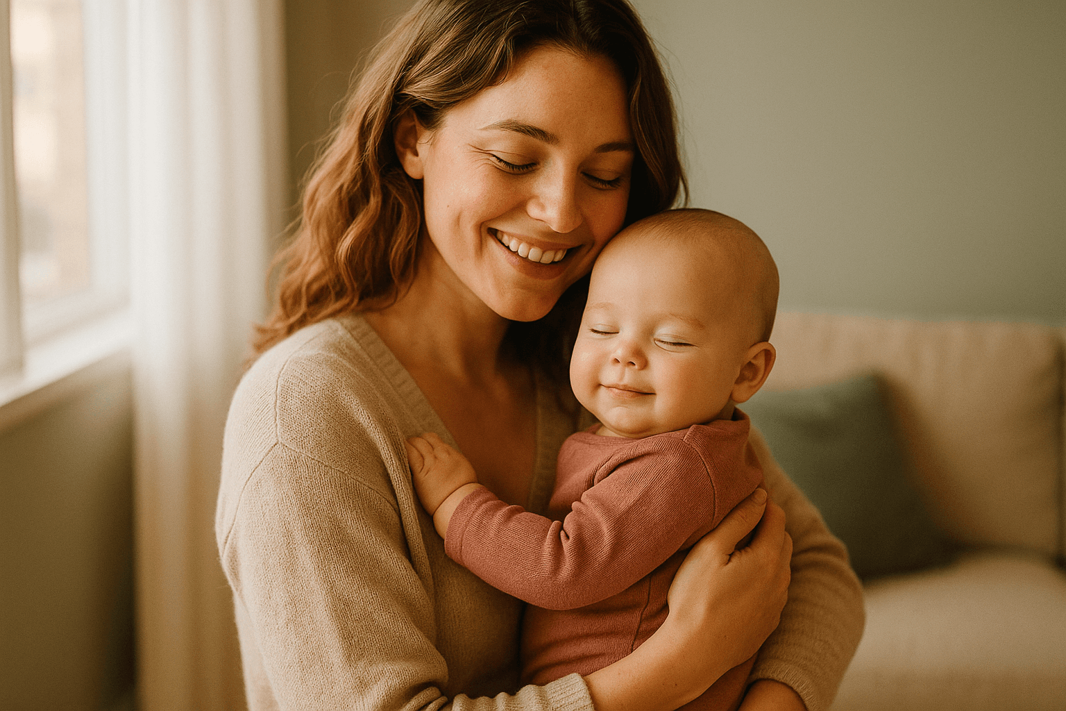 A joyful mother holding her happy baby in soft natural light